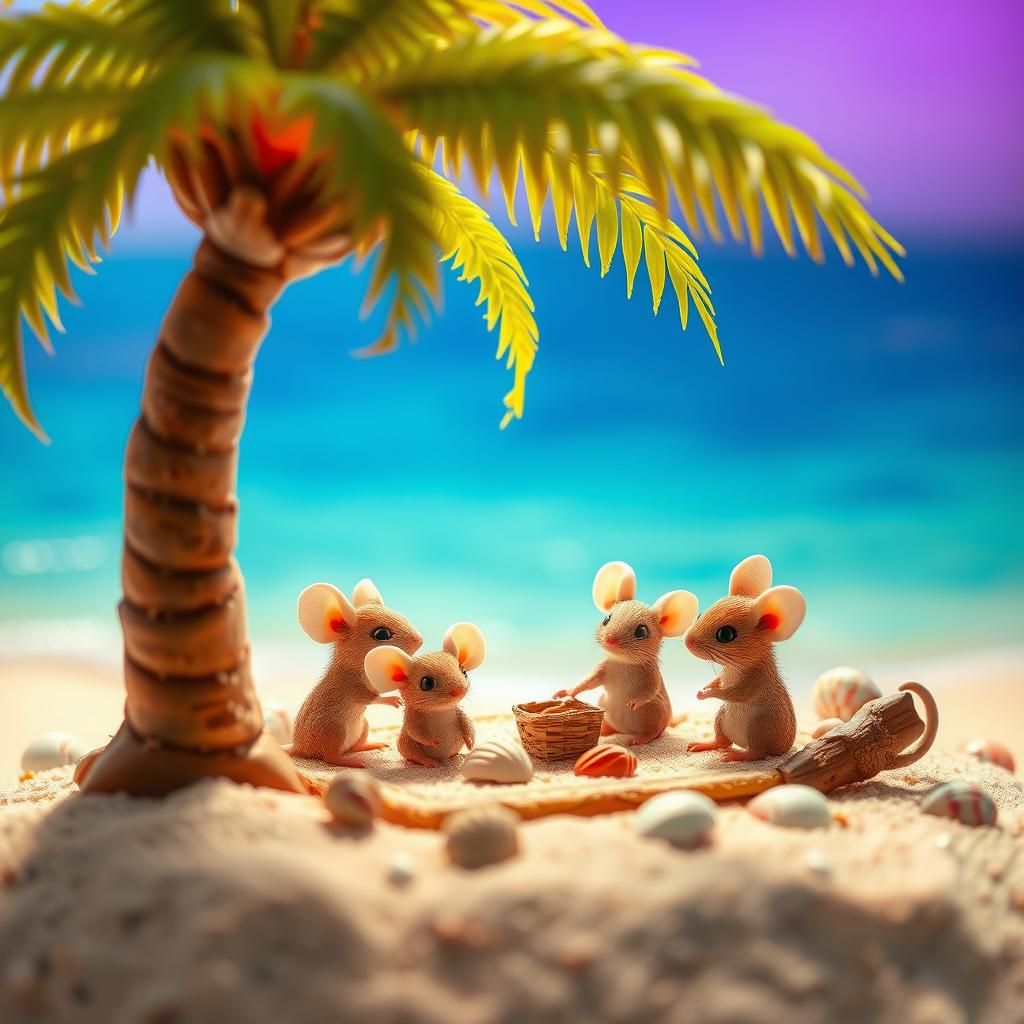 Fantasy Mice Family Enjoy a Seaside Picnic in Vibrant Pastel...
