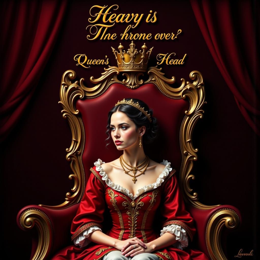 Anxious Queen on Throne Under Precariously Balanced Crown