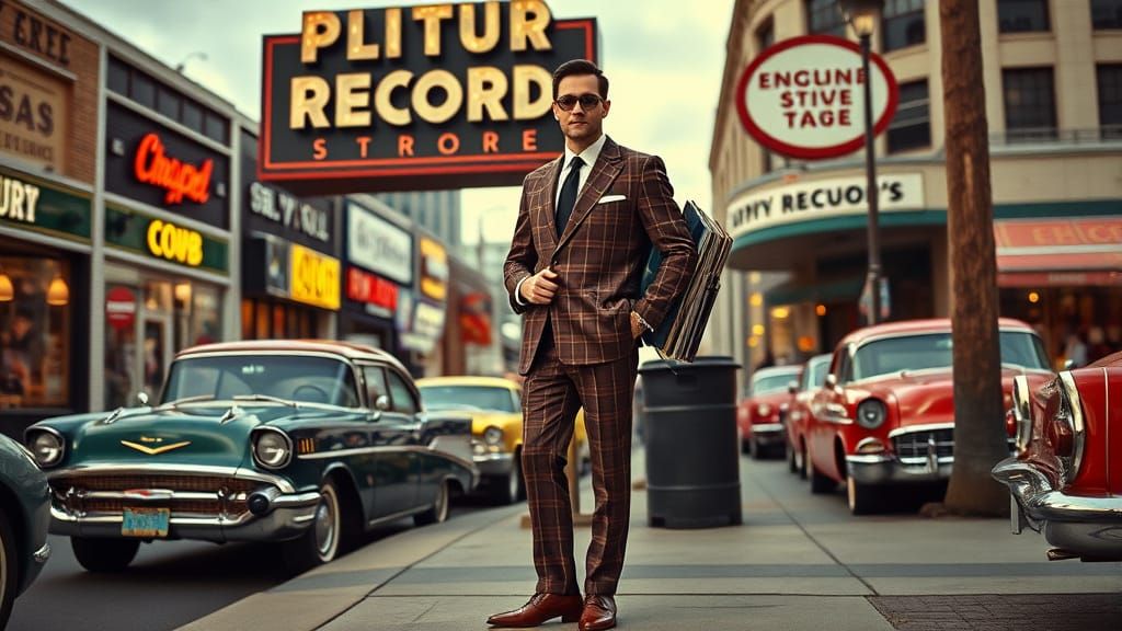 Man with Vinyl Records in Front of Vintage Store