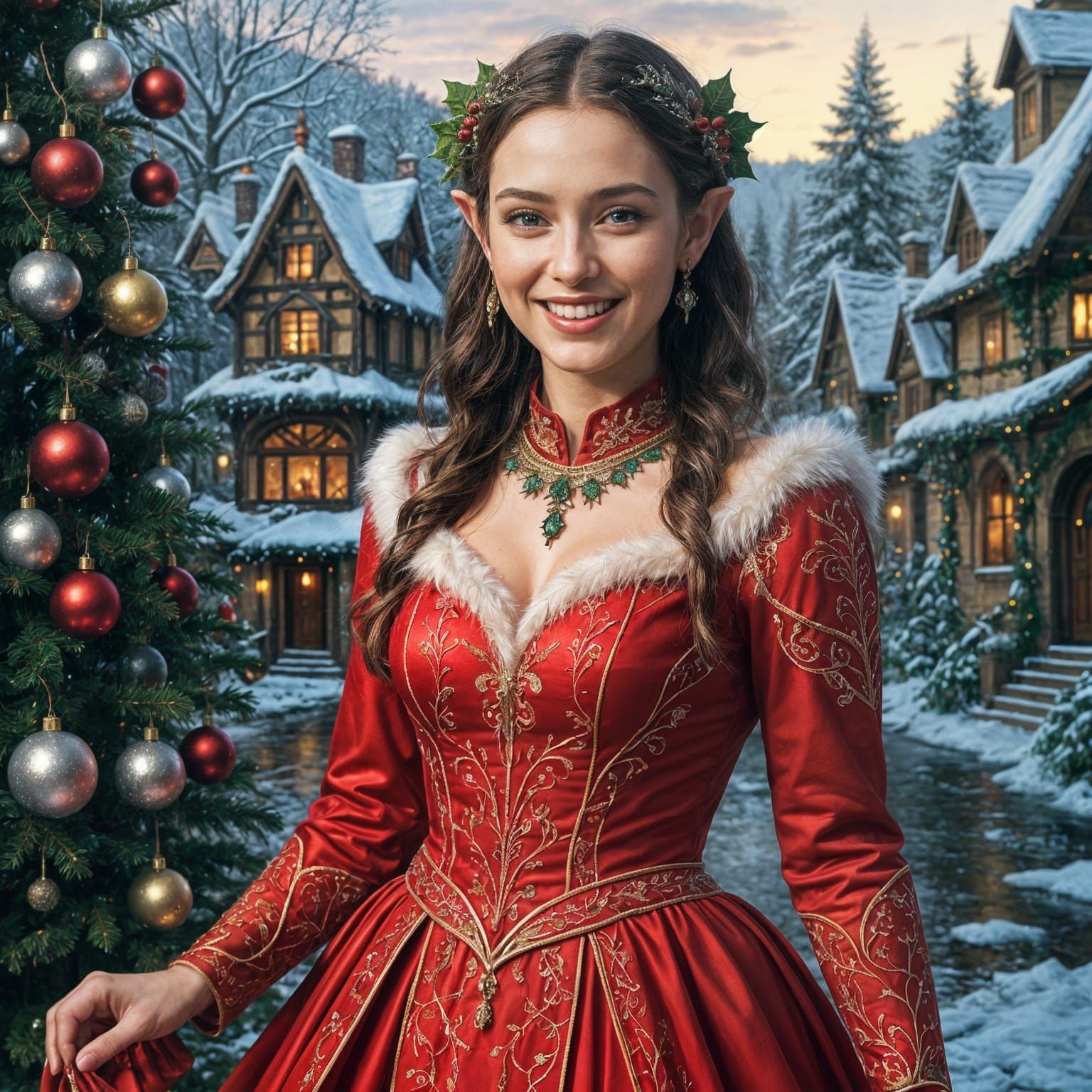 Hyperrealistic Elf Woman in Intricate Xmas Dress