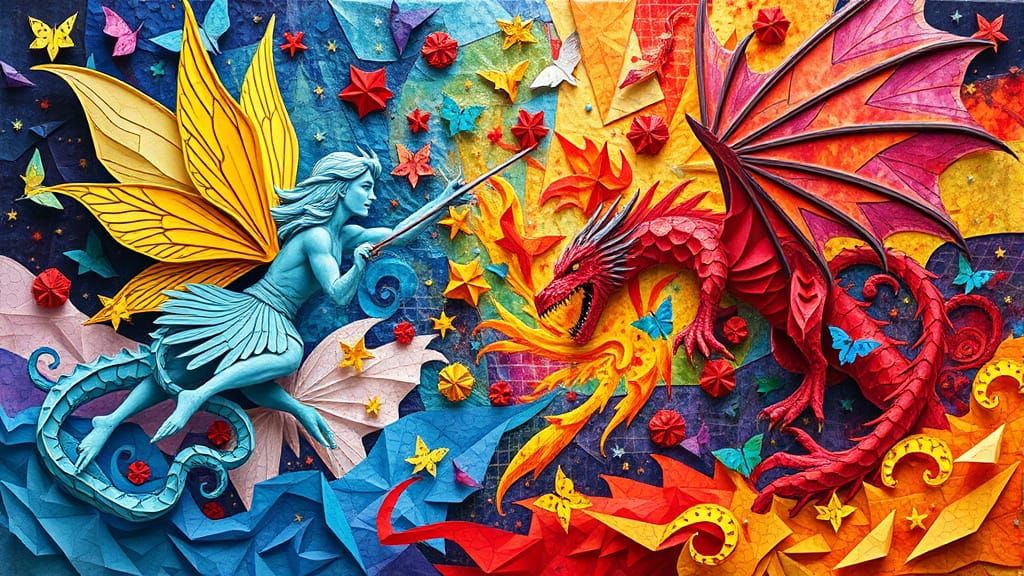 Fairies and Dragons Epic Battle Kirigami Collage