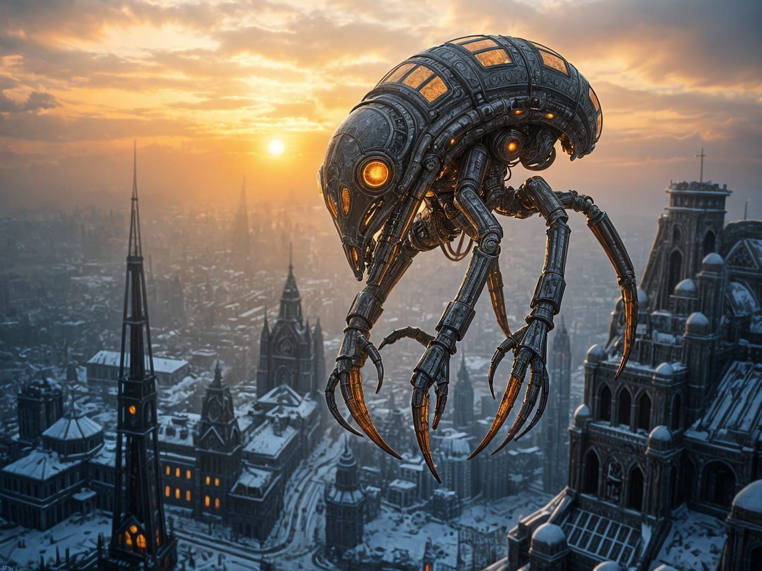 Hyperrealistic Alien Robot Floats Above Ruined City