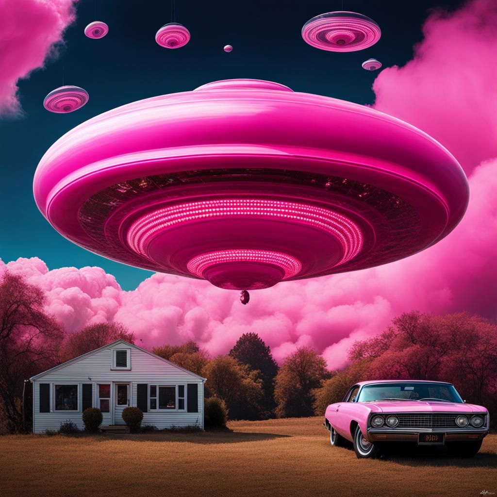 Pink Cloud UFO in Macabre Poster Art Style