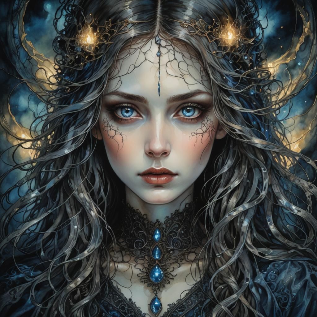 🌕🕯🔮mysterious grey Goth Priestess alcohol ink Hyperdetail...