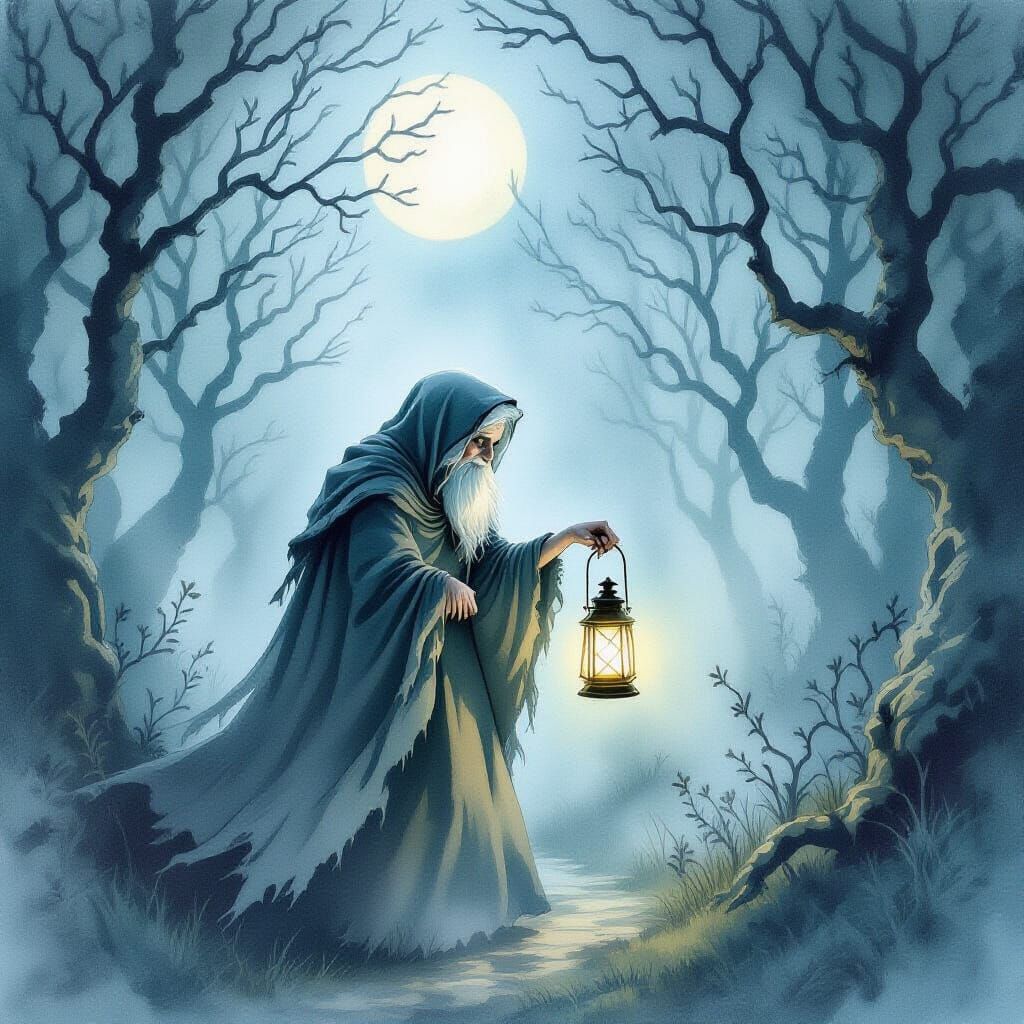 Ghostly Grandmother in Moonlit Wood: Watercolor Style