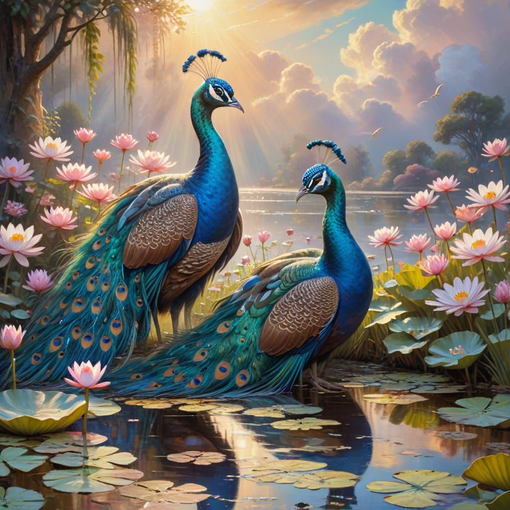 Impressionist Peacocks by Pond in Sunlight