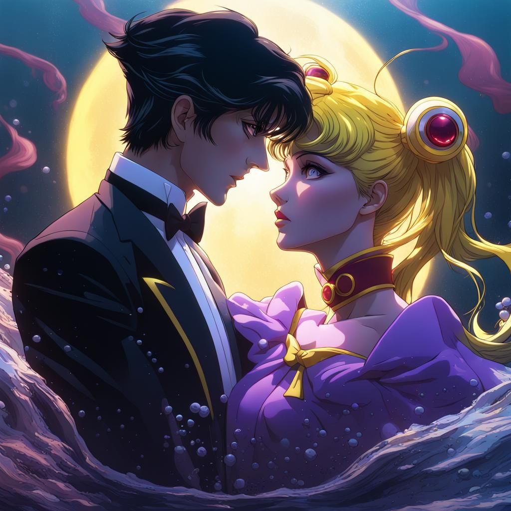 Sailor Moon and Tuxedo Mask in a Dark Fantasy Underwater Rea...