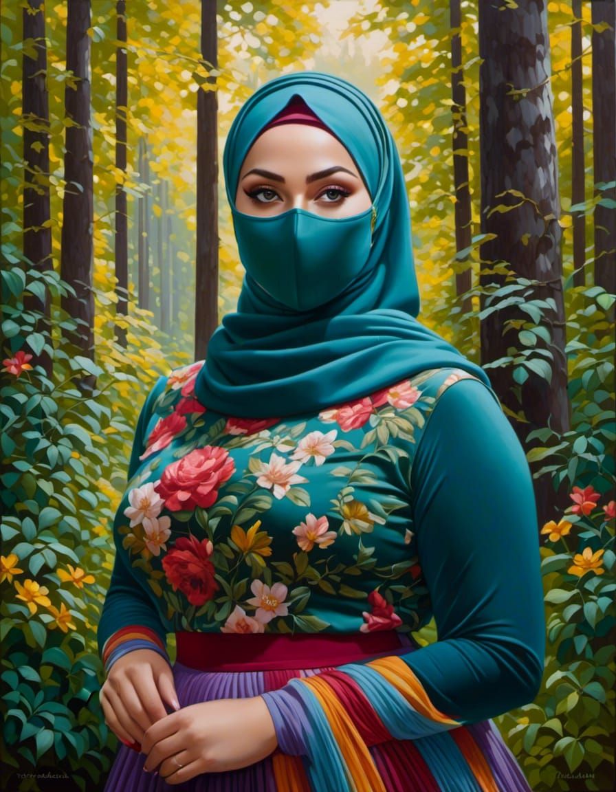 Beautiful Woman with Hijab in Lush Forest