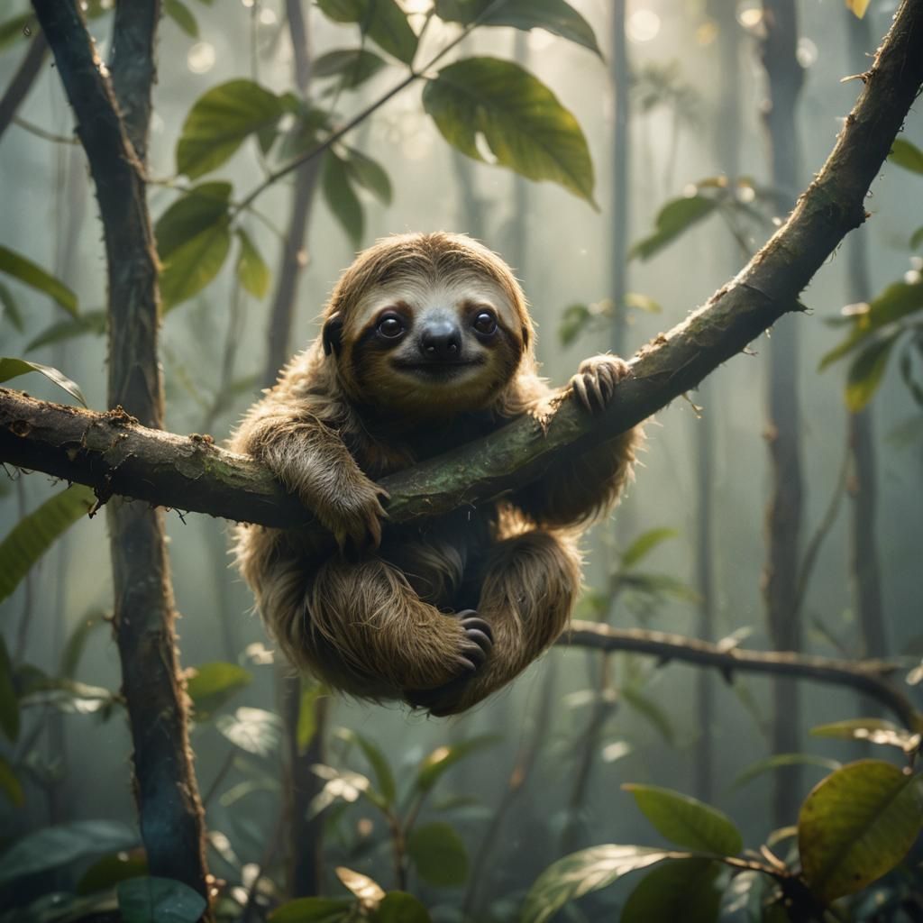 Baby Sloth in Misty Rainforest: Cinematic Film Still