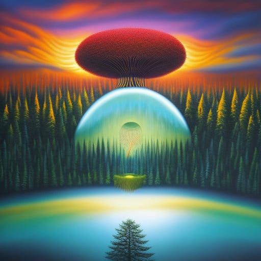 Surreal Sun and Moon Clouds with Woman, Yerka-Inspired