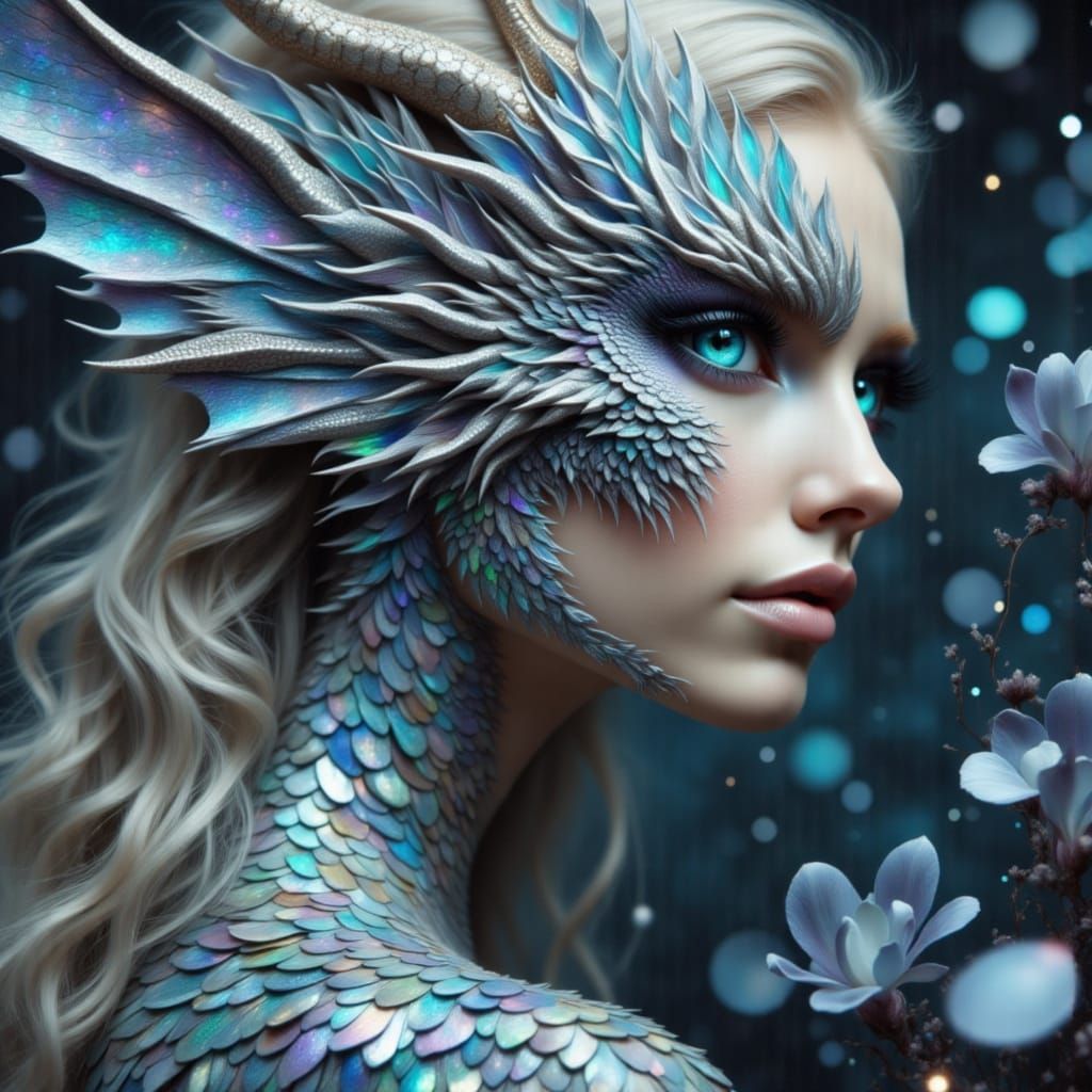 Silver Dragon Woman with Opal Scales, Digital Painting