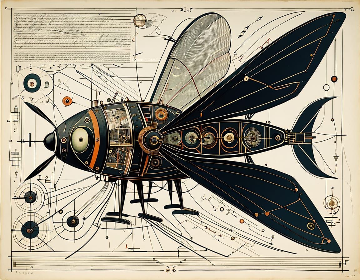 Moth Machine Schematic in Retropunk Style