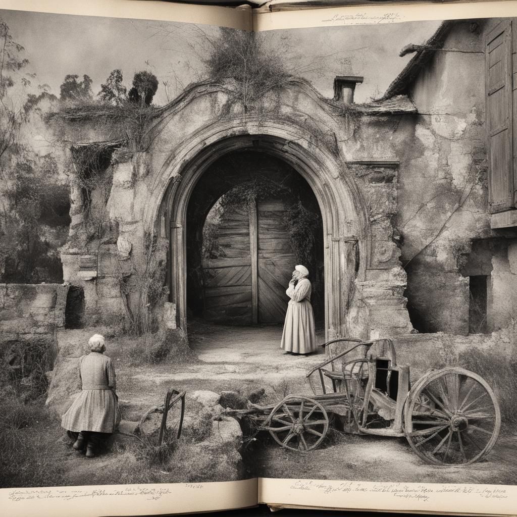 Melancholic Woman on Cart in Surrealist Black and White