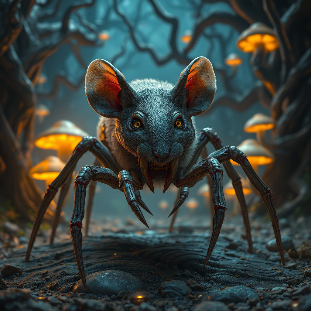 Mouse-Spider Hybrid in Eerie Fantasy Landscape
