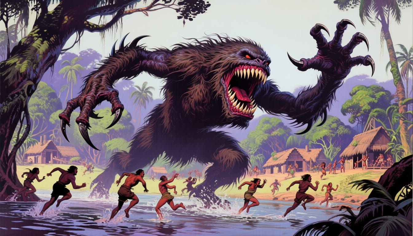 Hairy Monster Attacks Jungle Village in Fantasy Art Style