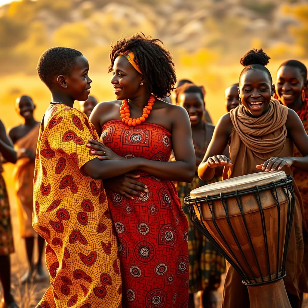 African Boy in Traditional Attire Dances with Tribe in the S...