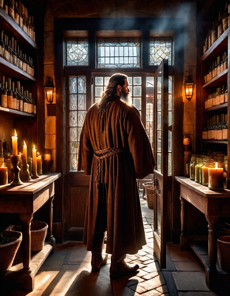 Apothecary Shop: Man Opening Door in Early Light