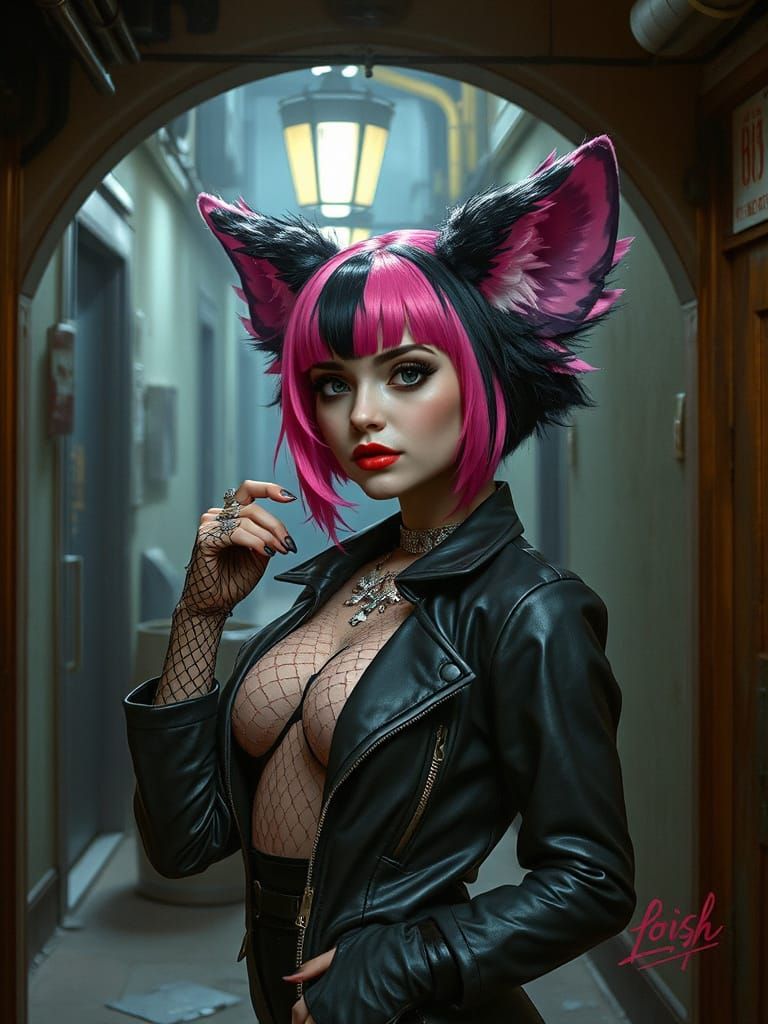 furry lady who is a pink and black goth