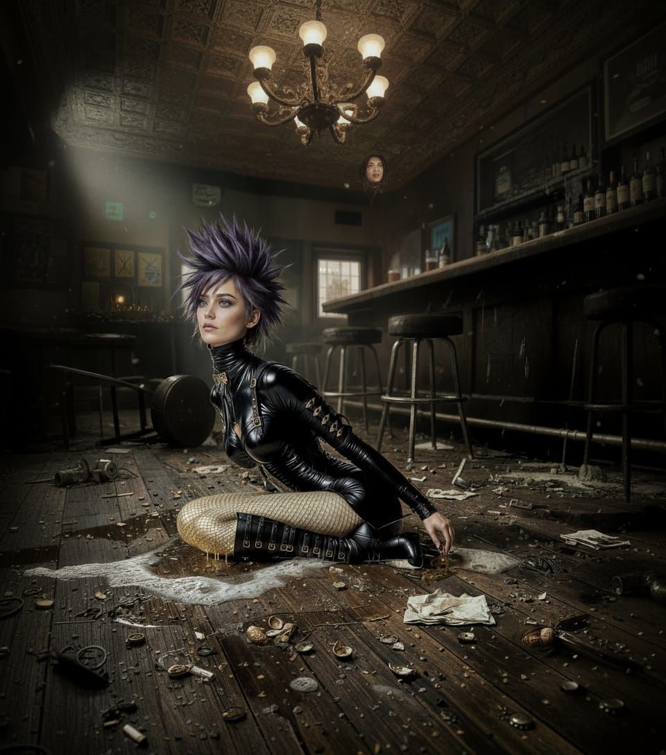 Dark Fantasy Warrior in Latex Defeated Amidst Castle Ruins