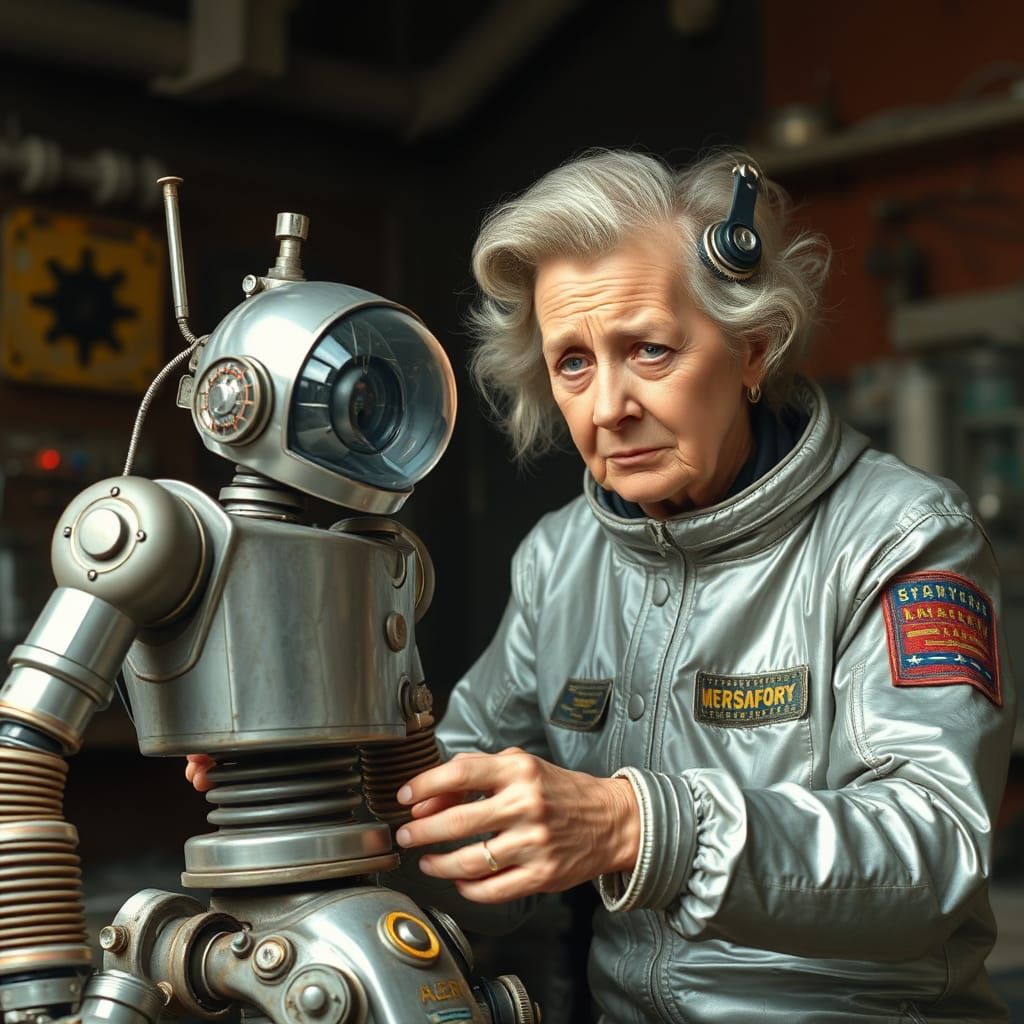 An elderly June Lockhart in "Lost in Space" vainly trying to fix a decrepit Environmental Control Robot with its clear g...