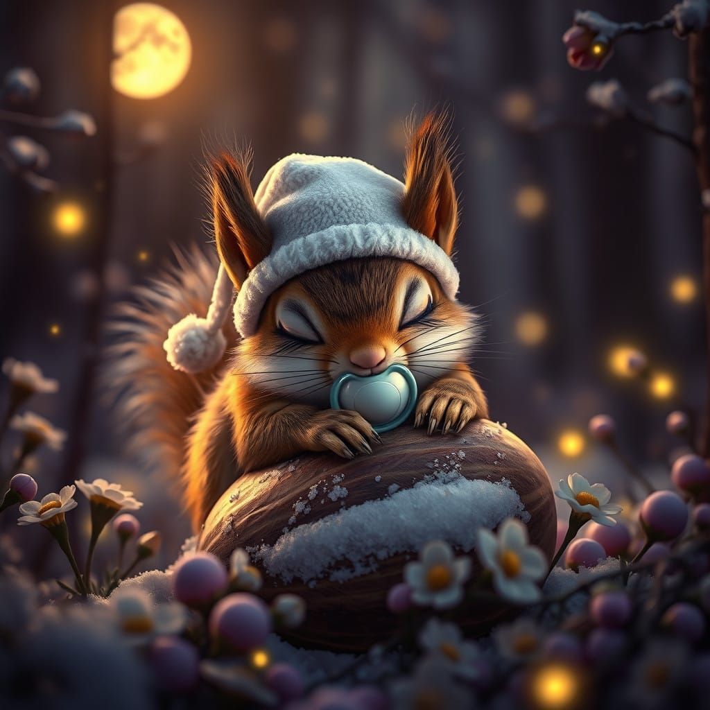 Whimsical Winter Squirrel Slumbers Under Snowy Moonlight