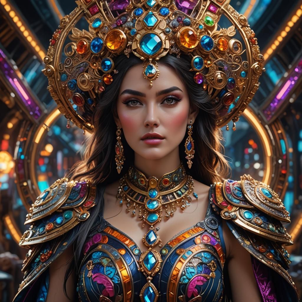 Beautiful Woman in Futuristic Jewelry, Hyperrealistic Portra...