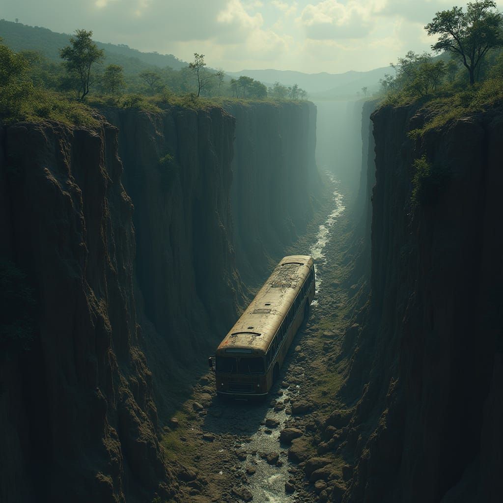Wrecked Bus in Guatemalan Ravine: Ominous Art