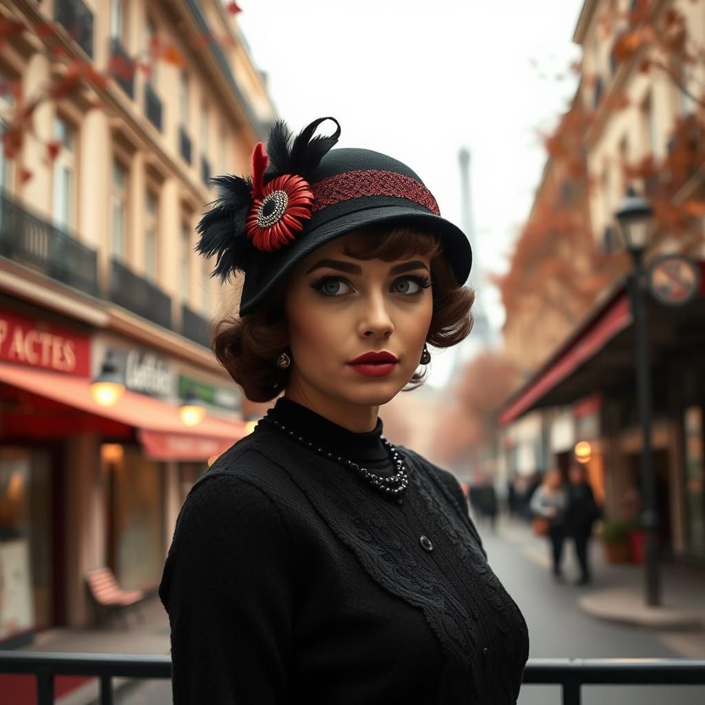 Vintage 1920s Woman in Paris, Grayscale and Burgundy