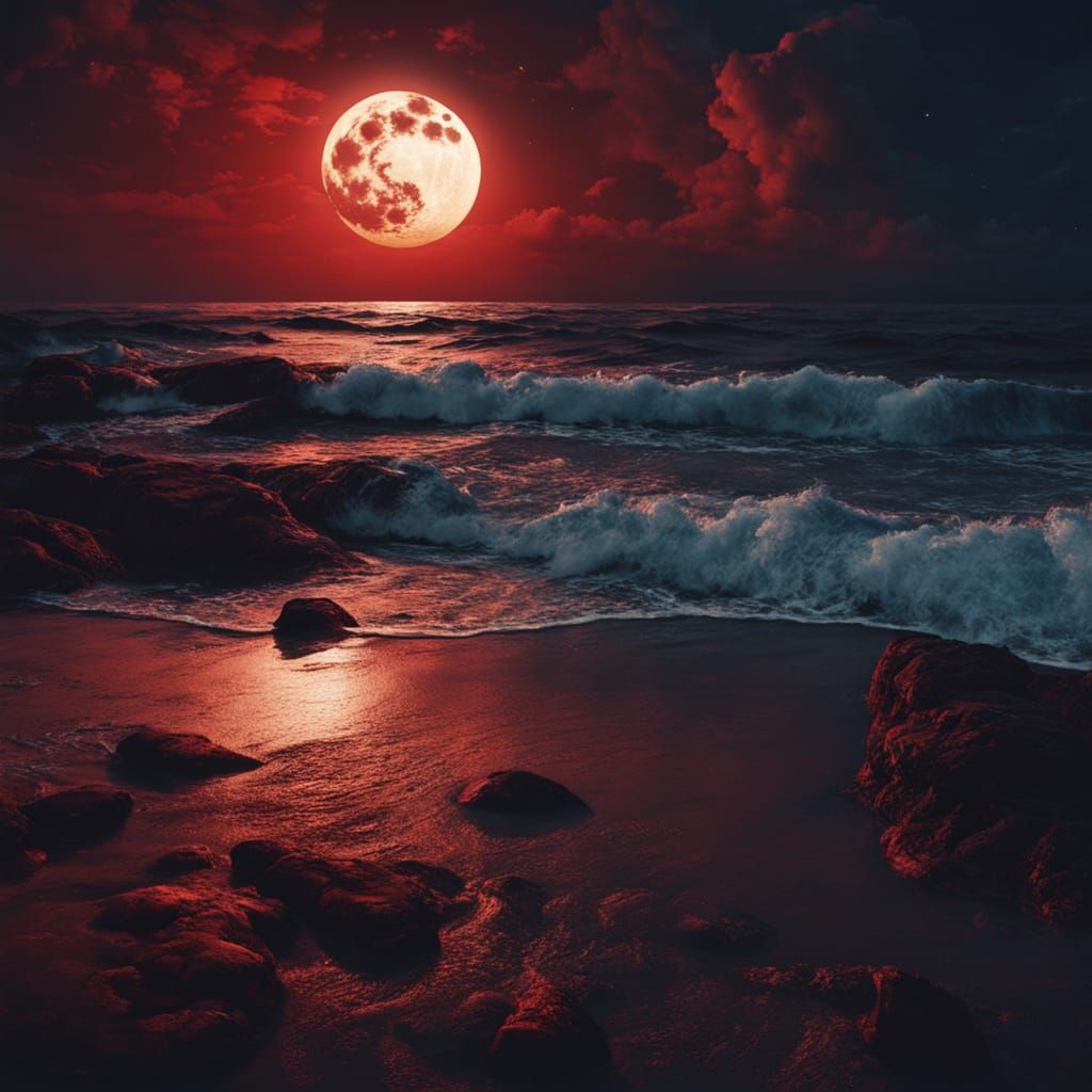 Ethereal Red Lunar Eclipse Over Majestic Ocean Dusk