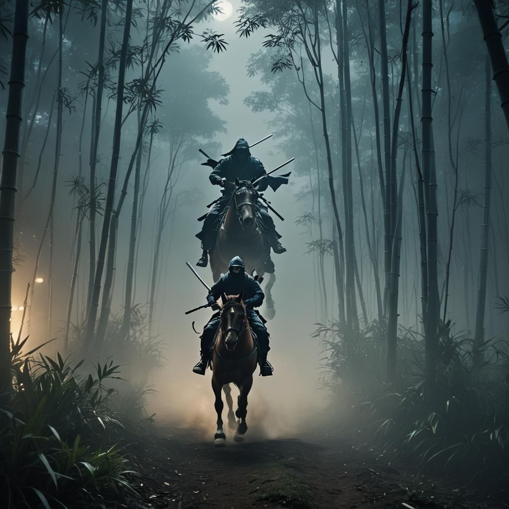 Ninja on Winged Horse in Misty Forest