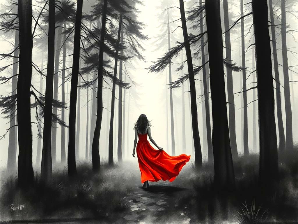 Woman in Red Dress in Misty Forest as Charcoal Drawing