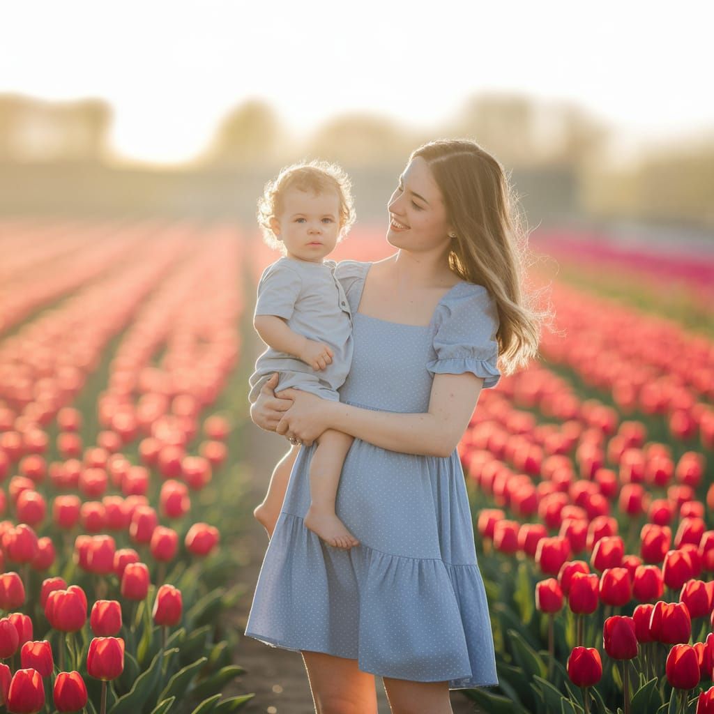 Woman and Child in Tulip Field