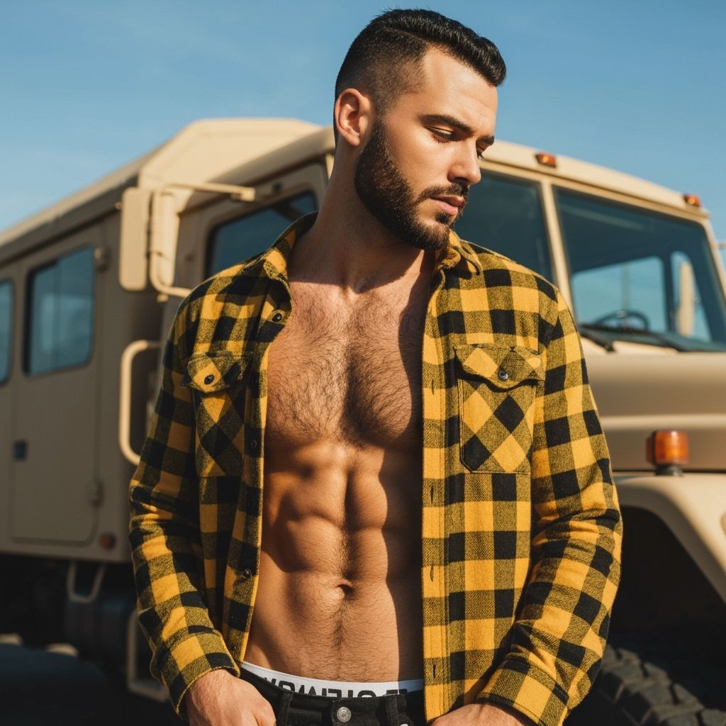 Man Poses Confidently Beside Military Truck Under Blue Sky