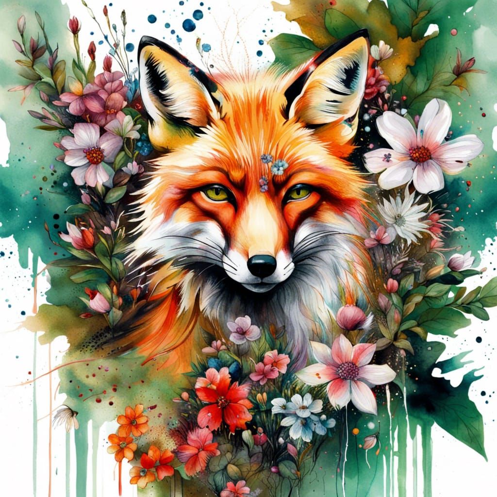 Hyperreal Fox Amongst Flowers in Splash Art Style