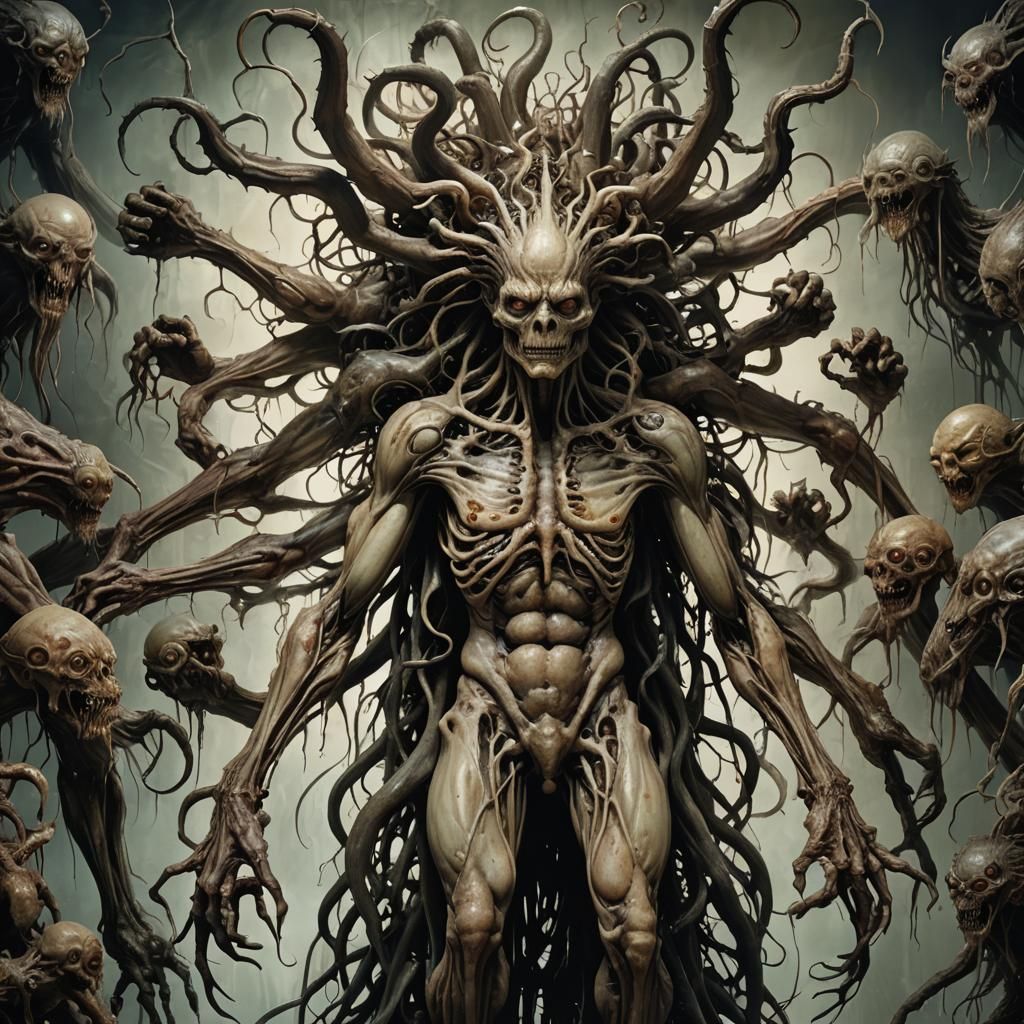 Surreal Multi-Armed Monster in Dark Elegance Style