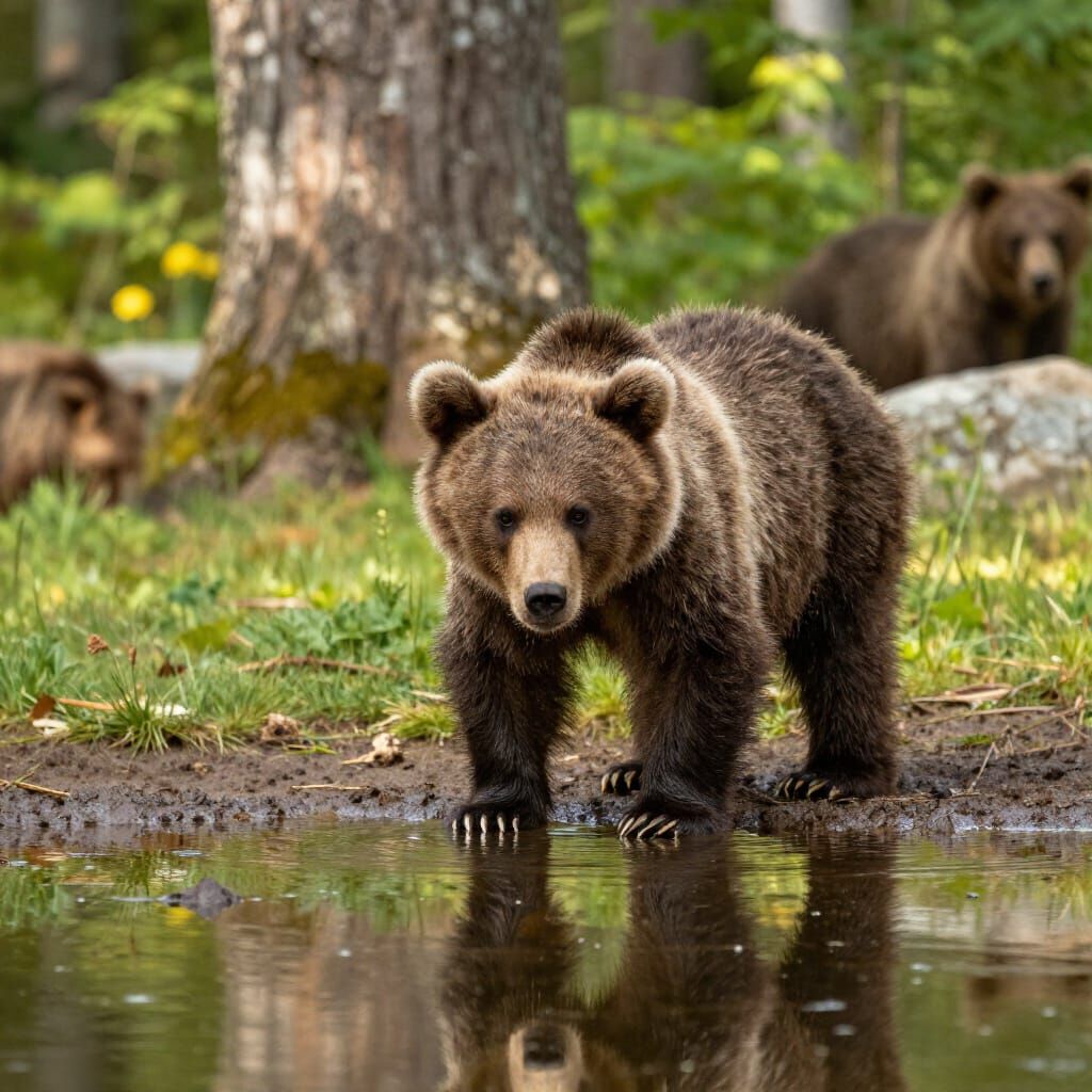 Baby Bear Sees Adult Reflection in Puddle