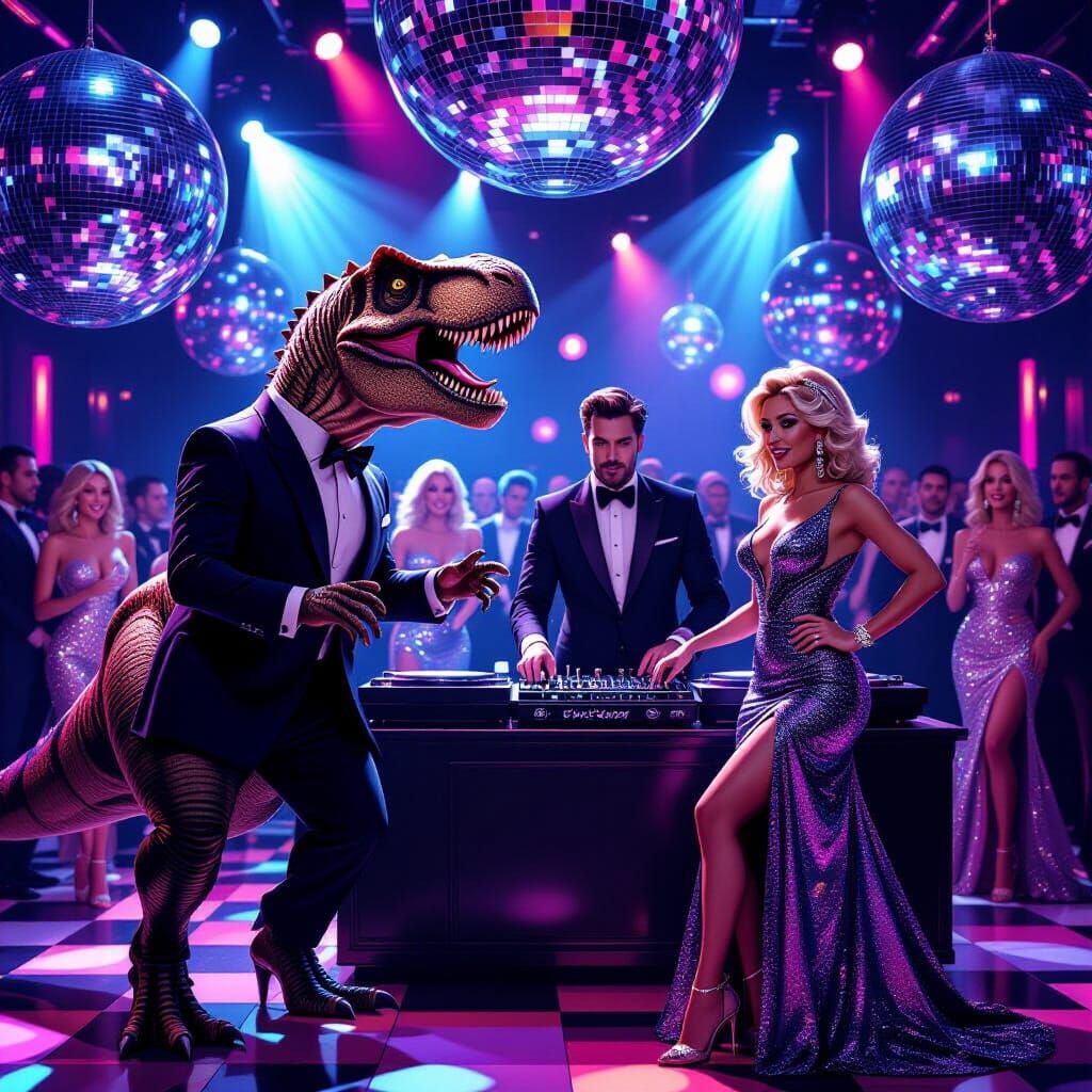 Dinosaurs and Women Dancing at Disco Party