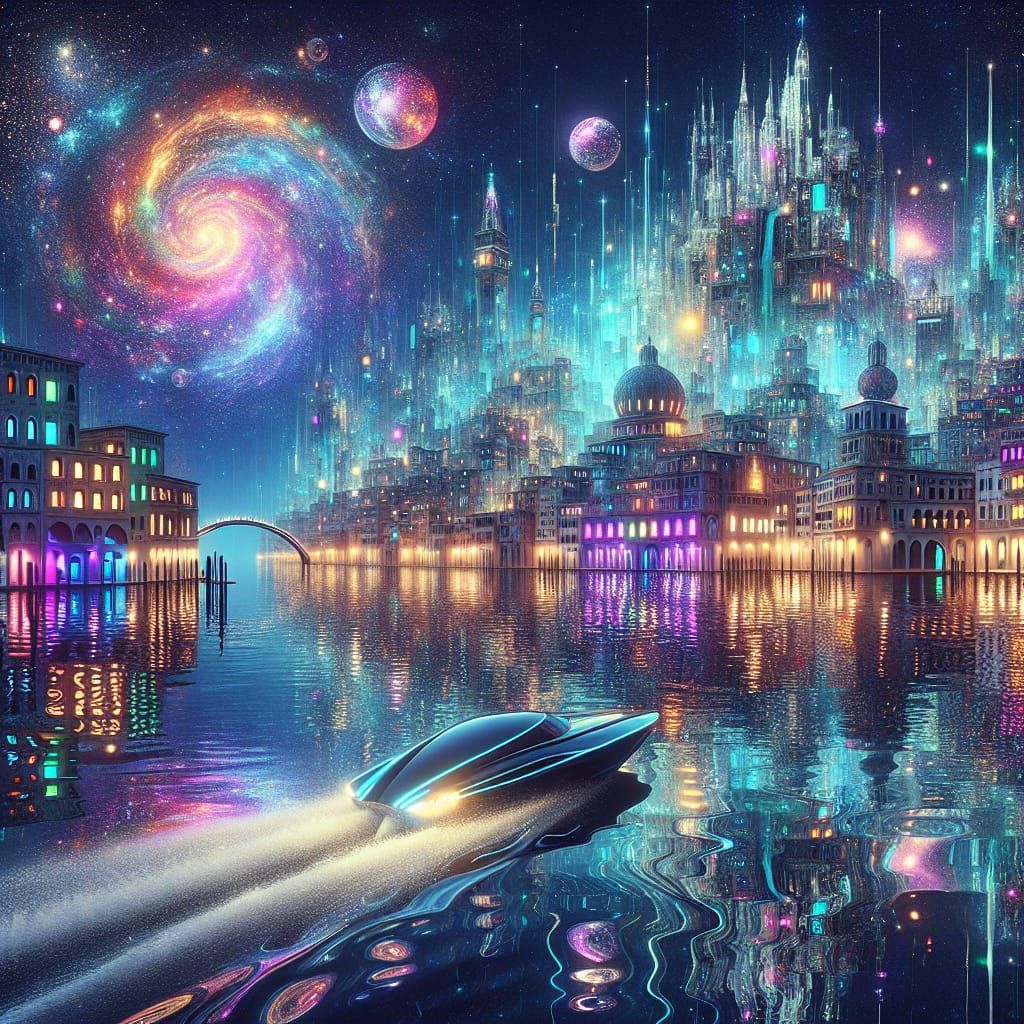 Futuristic Venice at Night with Neon Reflections