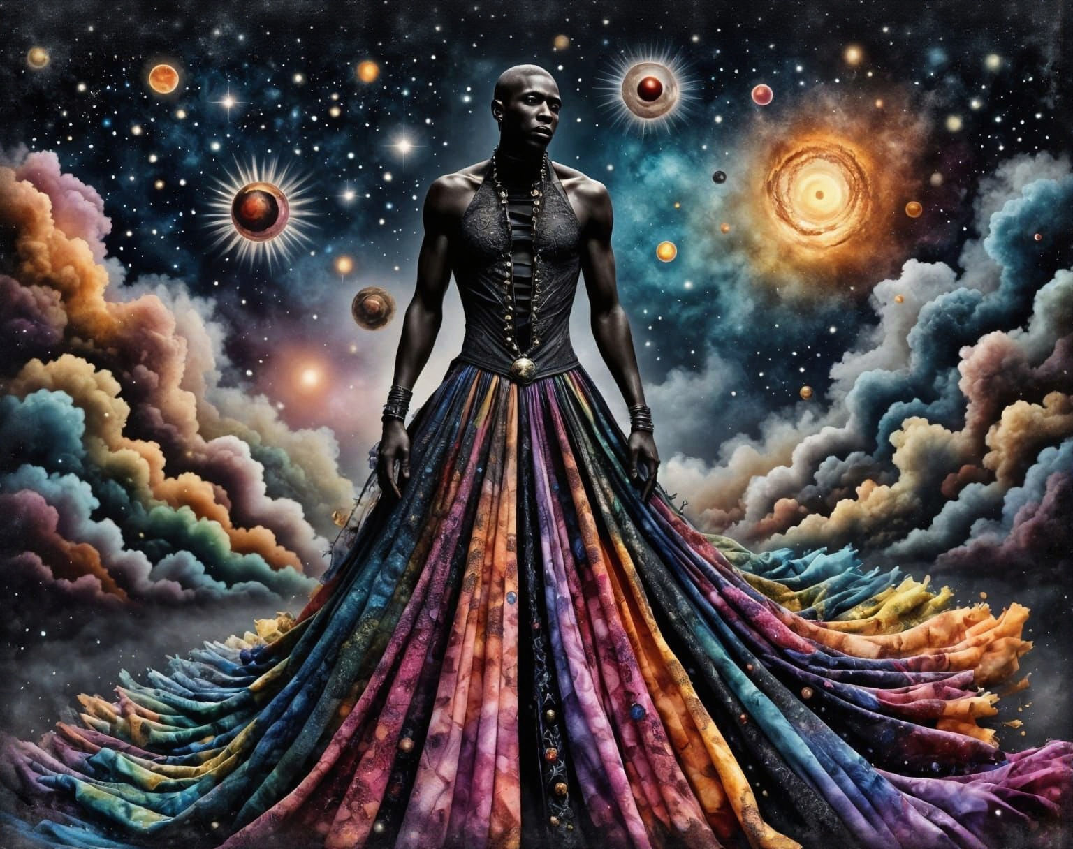 Goth Punk Man in Cosmic Gown with Rainbow Colors