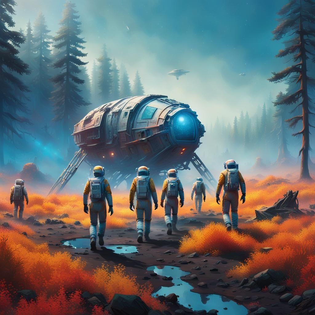 Cinematic Scene of Settlers Approaching a Mysterious Forest