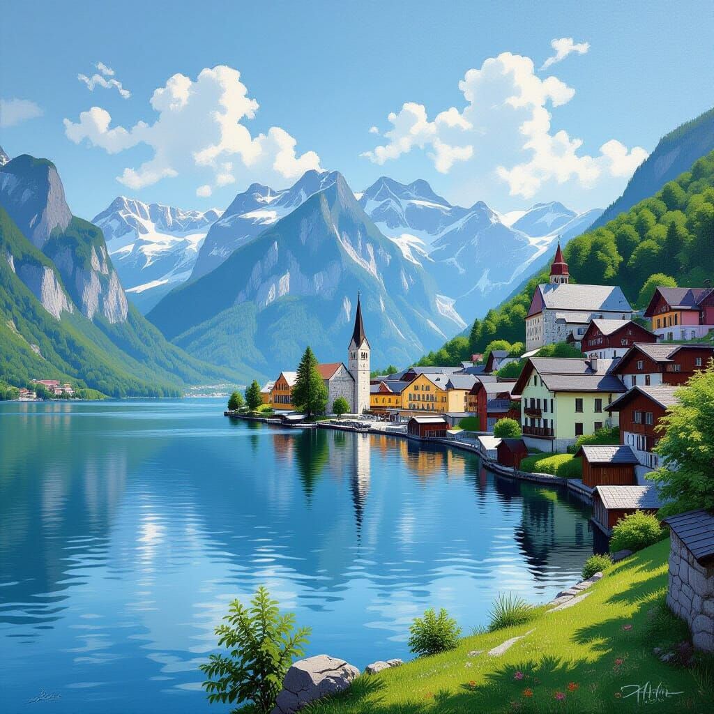 Mountain Village by Lake in Oil Painting Style