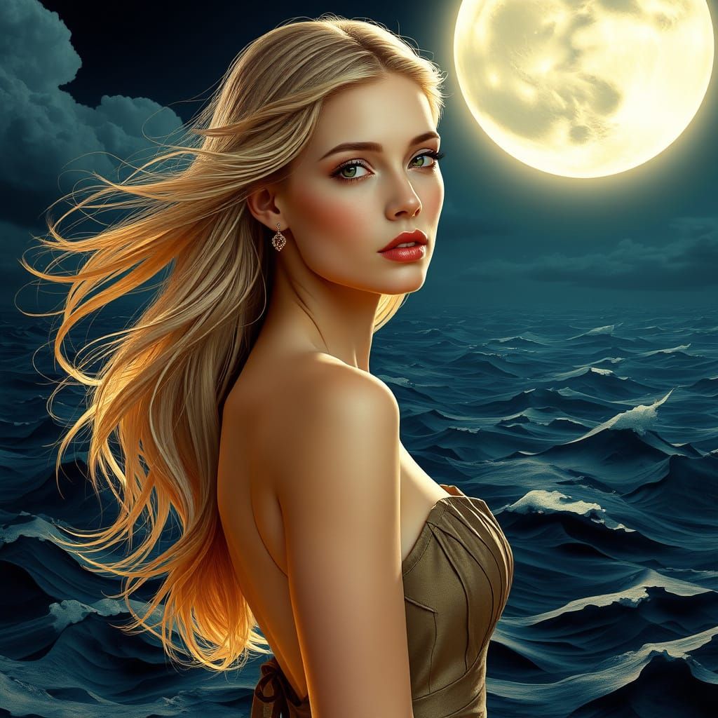 Blond Woman in Paper Ocean Under Full Moon