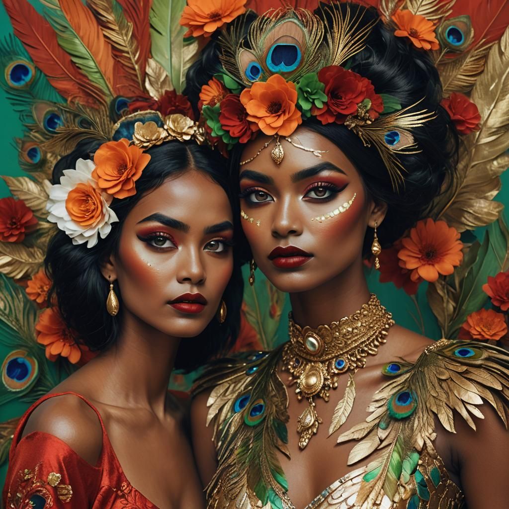 Metallic Woman with Peacock Hair: Digital Art