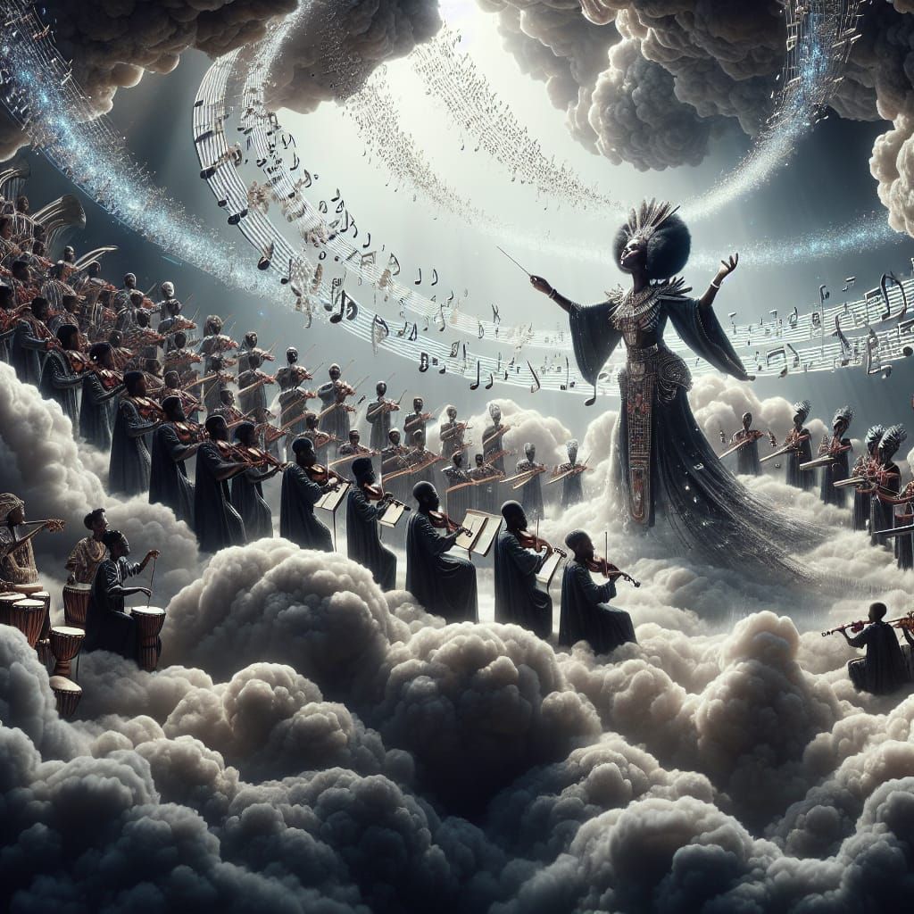 Futuristic African Orchestra in Ethereal Clouds