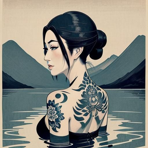 Sensual Female Figure in a Mountain Lake, Japanese Woodblock...