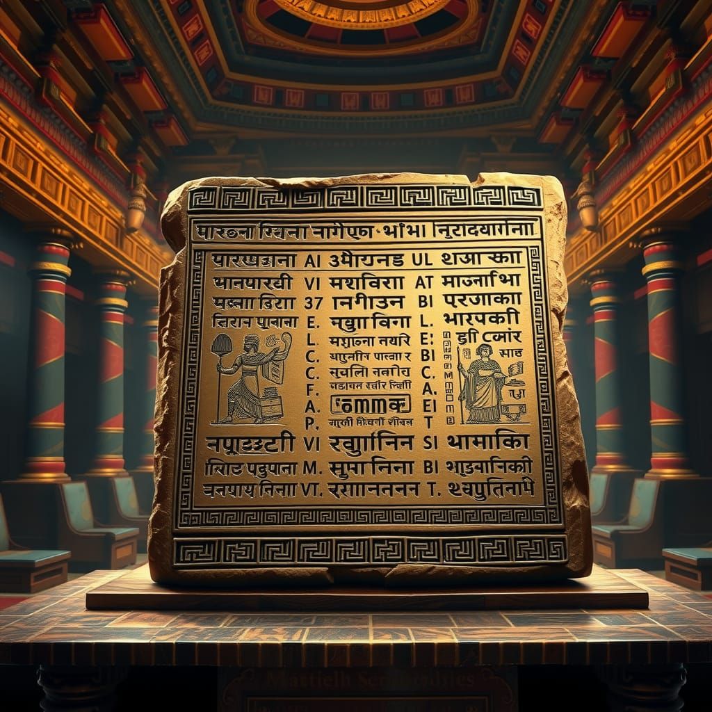 Code of Hammurabi Tablet in Ancient Courtroom