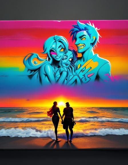Sunset Beach Couple in Graffiti Art Style