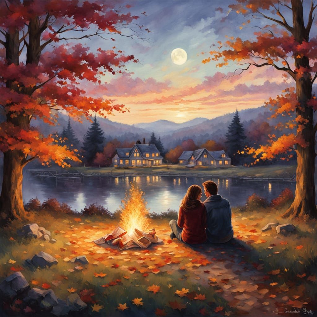 Romantic Bonfire: A Cozy Autumn Evening in Photorealism