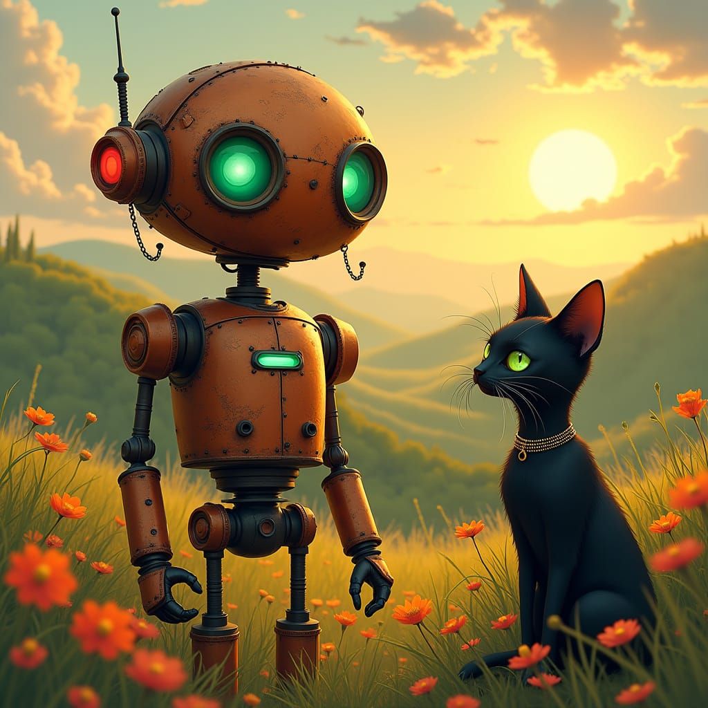 Steampunk Robot in Surreal Landscape with Sleek Black Cat