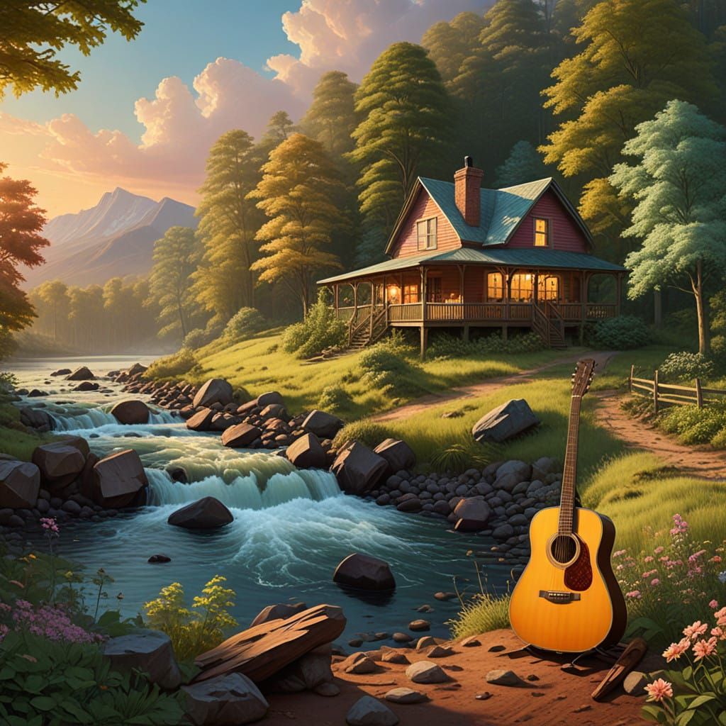 Country Singer in Serene Countryside Sunset